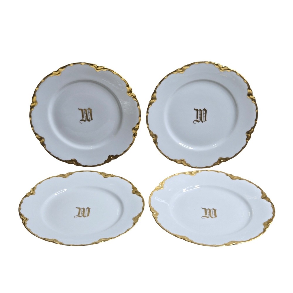 Set of 4 Antique Haviland France 1909 Porcelain Plates White Gold Monogram 8.5